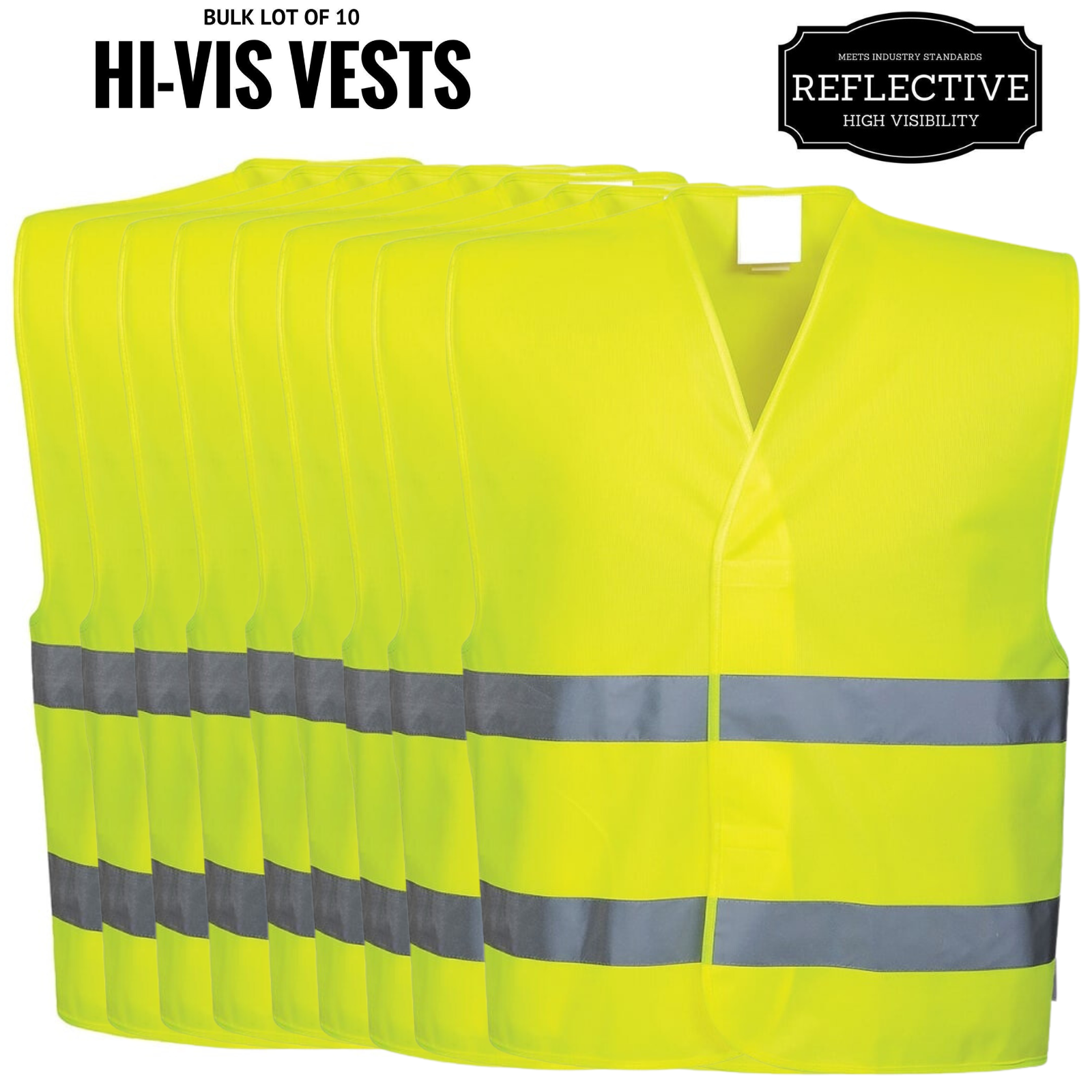 10x Hi Vis Safety Vest Reflective Tape Workwear Night & Day Bulk - Yellow - One Size.