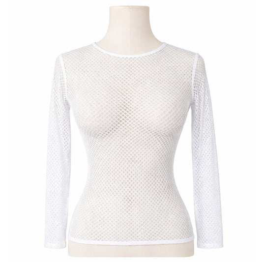 Womens Fishnet Mesh Top Long Sleeve Sheer See Through Party Costume - White