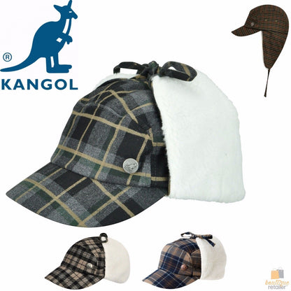 KANGOL Plaid Supre Ushanka Sherpa Chullo Lined Hat Warm Winter Ear Trapper Flying - Navy/Khaki - S/M