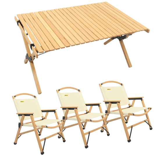 3 Chairs & 1 Table Set Bamboo Camping Folding Portable Outdoor Picnic Travel BBQ.