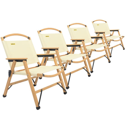 4x Bamboo Canvas Foldable Outdoor Camping Chair Wooden Picnic Park - Khaki/Beige.