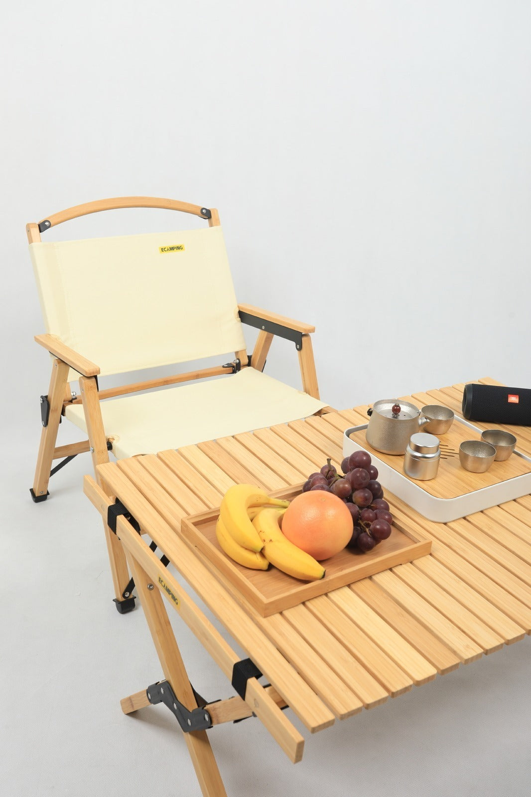 4x Bamboo Canvas Foldable Outdoor Camping Chair Wooden Picnic Park - Khaki/Beige.