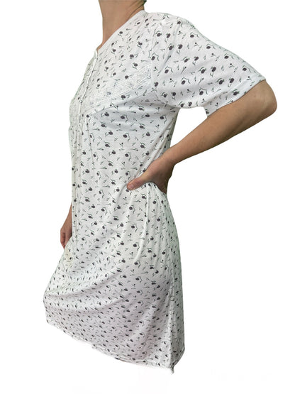 Womens Ladies Cotton Nightie Night Gown Slip Petticoat PJs Sleepwear Dress - White/Purple - 14