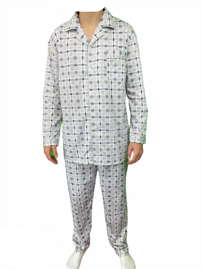 Mens Cotton Pajamas Pyjamas PJs Long Sleeve Shirt Tops + Pants Set Sleepwear - White/Blue - M