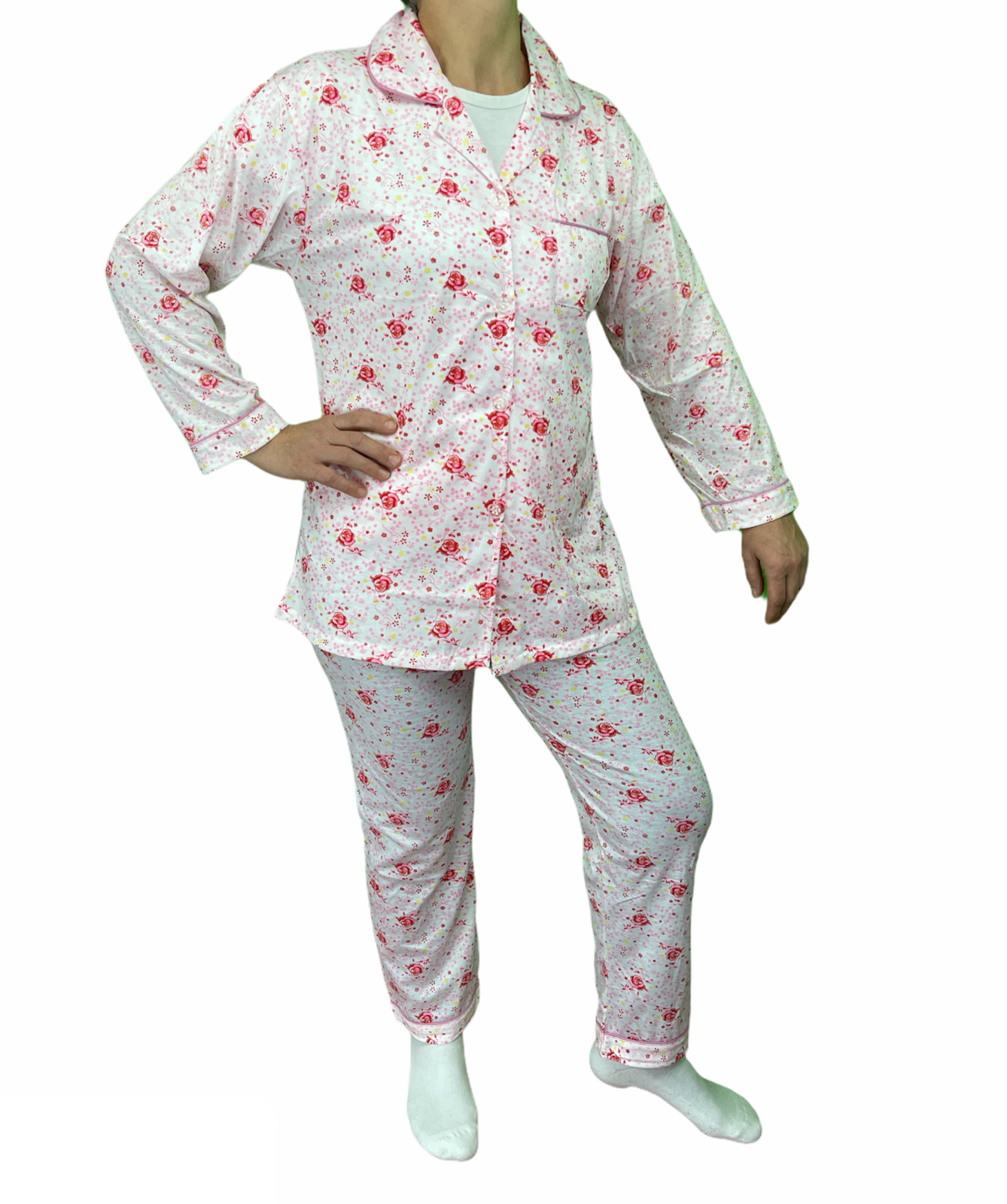 Womens PYJAMAS PJs Set Pajamas Ladies Cotton PJ Womens Long Sleeve Sleepwear - Pink - 16