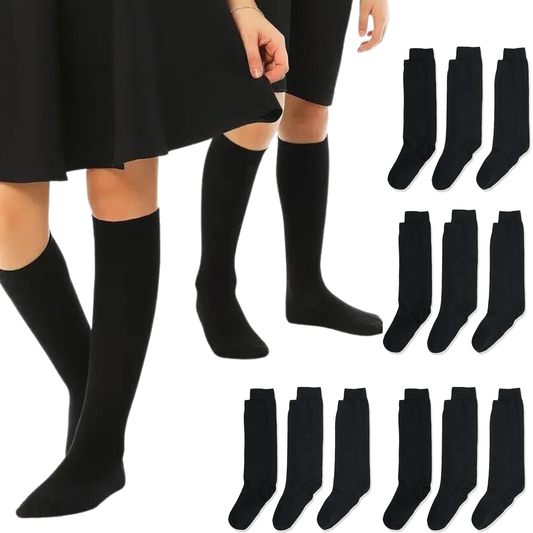 12x Pairs School Uniform Knee High Socks Cotton Rich Girls Boys Kids Bulk - Black - 6-11 (12+ Years Old).