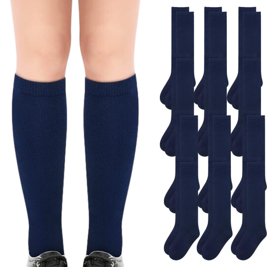 12x Pairs School Uniform Knee High Socks Cotton Rich Girls Boys Kids Bulk - Navy - 2-8 (10-12 Years Old).