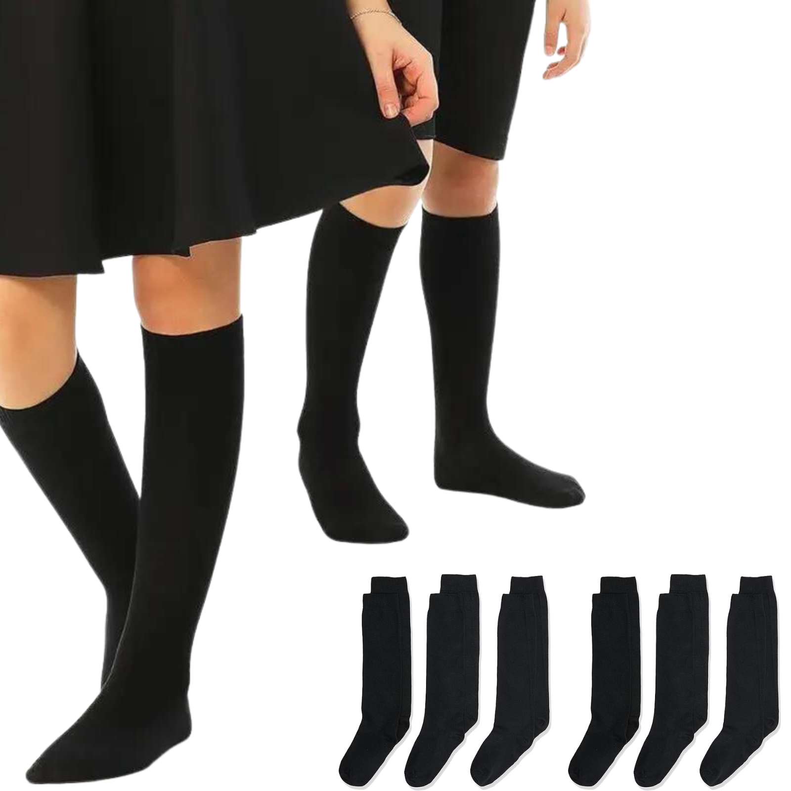 6x Pairs School Uniform Knee High Socks Cotton Rich Girls Boys Kids Bulk - Black - 2-8 (10-12 Years Old).