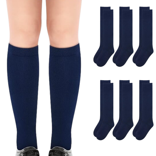 6x Pairs School Uniform Knee High Socks Cotton Rich Girls Boys Kids Bulk - Navy - 2-8 (10-12 Years Old).
