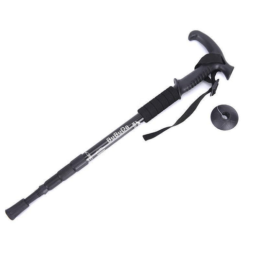 Folding Walking Stick Telescopic Adjustable Antishock Hiking Grip Pole Trekking - Black.