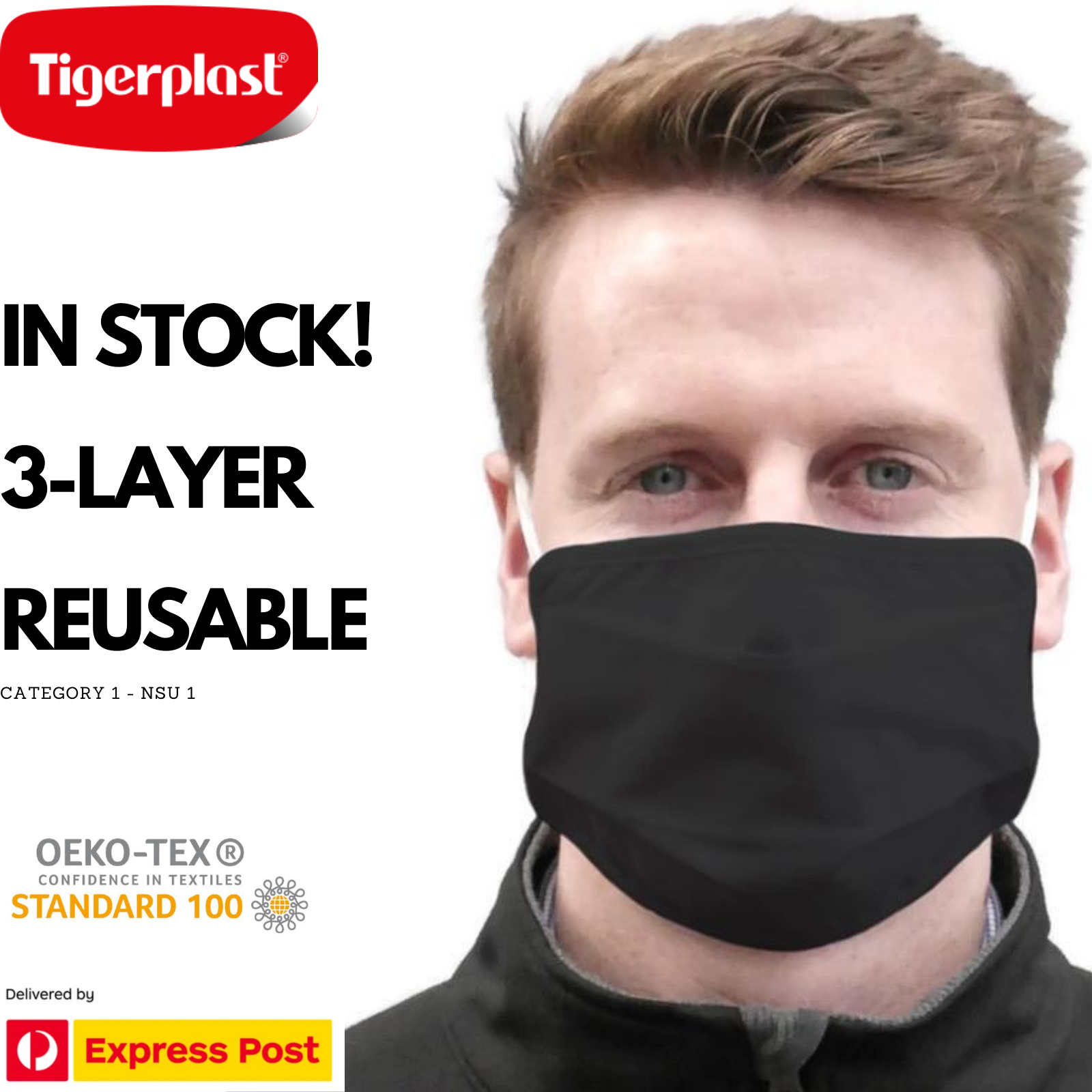 TIGERPLAST Fabric Face Mask Washable Reusable Mask Protect Anti-Microbial Mouth Cover - Black.