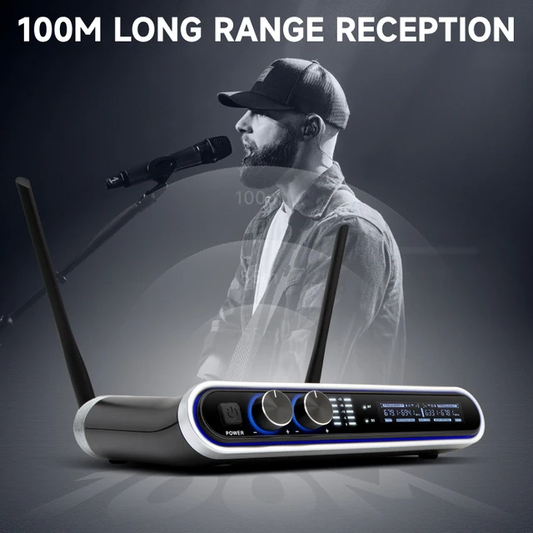 Hridz Wireless UHF Microphone Kit Dual Handheld Mics with 100m Range Receiver for Karaoke Meetings Parties.