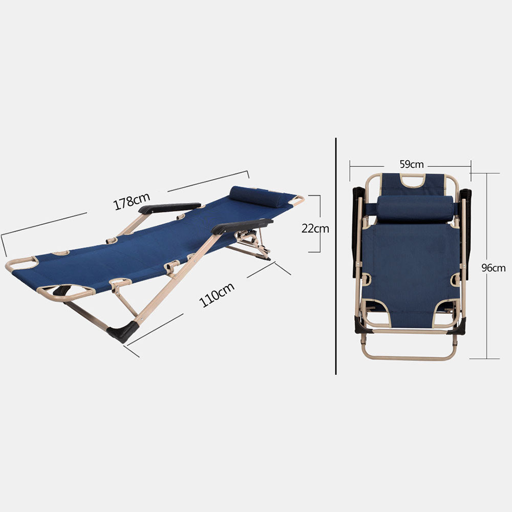 Reclining Sun Beach Deck Lounge Chair Outdoor Folding Camping Fishing Arm Rest - navy.