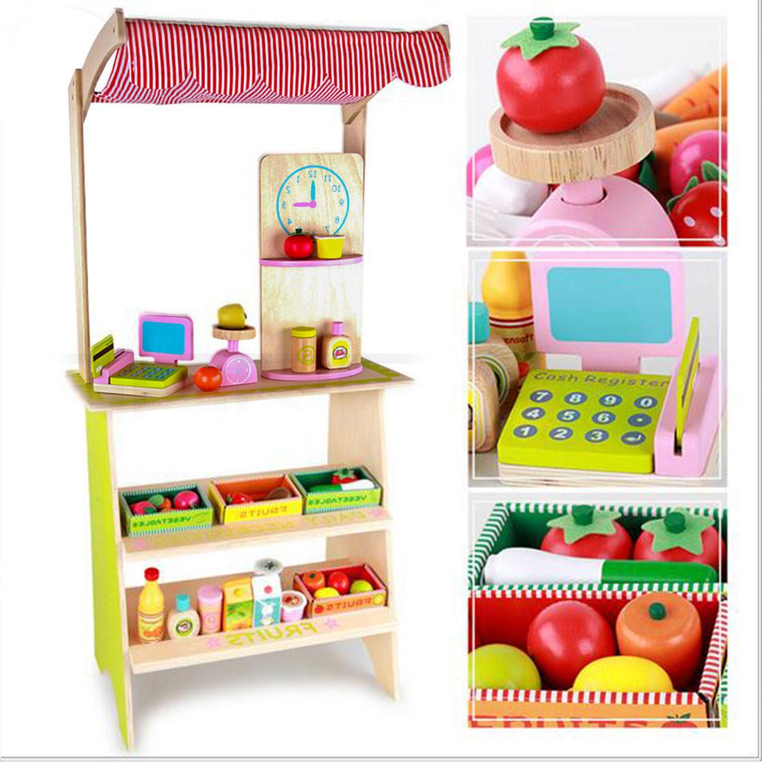 Kids Wooden Toy Pretend Play Marketplace Stand Fruit Veg Shop Stall Supermarket.