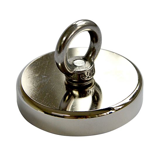 Round Neodymium Fishing Magnet with Countersunk Hole and Eyebolt, 500 LBS pull.