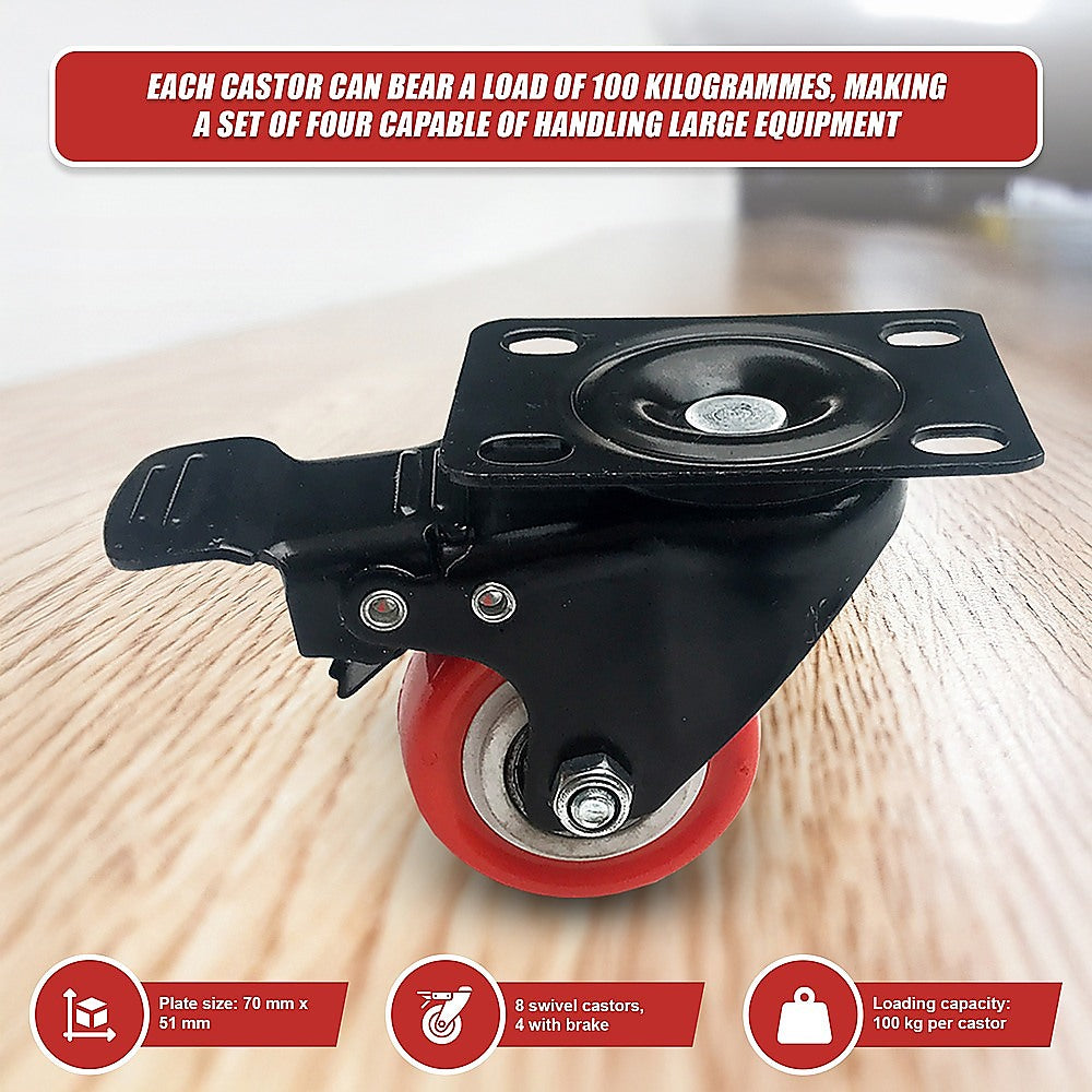 8 x 2" Polyurethane Castor Wheels - Swivel and 4 with brake.