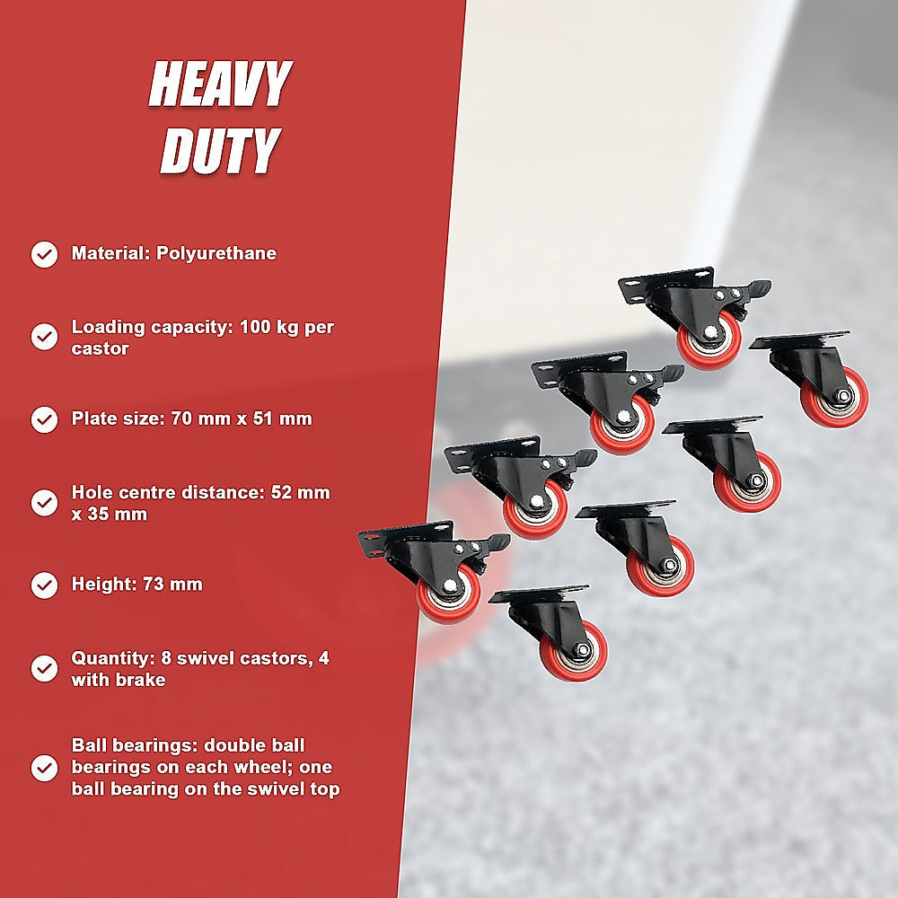 8 x 2" Polyurethane Castor Wheels - Swivel and 4 with brake.