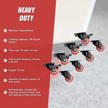 8 x 2" Polyurethane Castor Wheels - Swivel and 4 with brake.