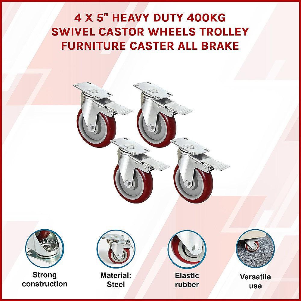 4 X 5" Heavy Duty 400kg Swivel Castor Wheels Trolley Furniture Caster All Brake.