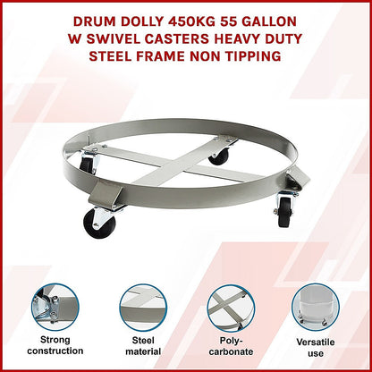 Drum Dolly 450kg 55 Gallon w Swivel Casters Heavy Duty Steel Frame Non Tipping.