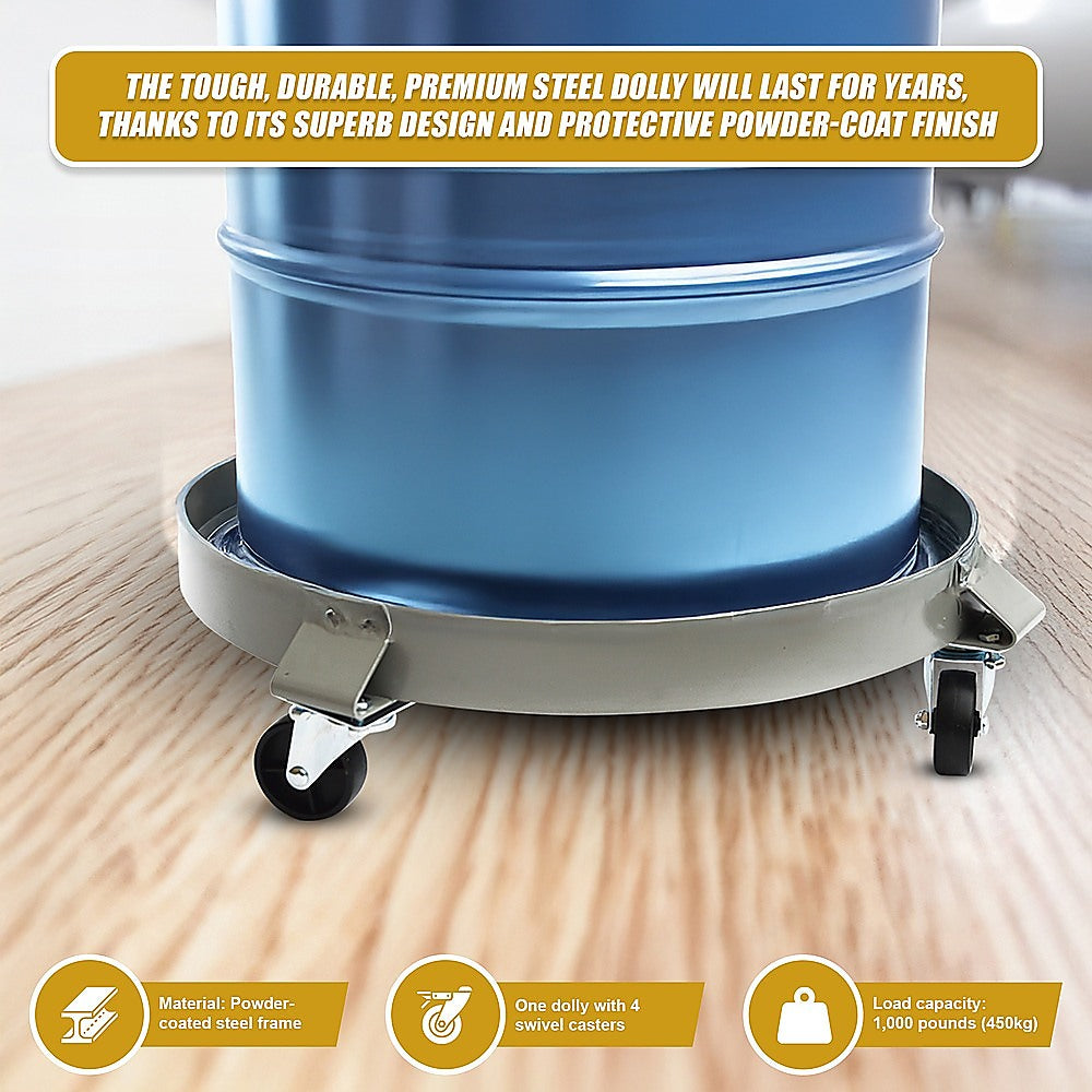 Drum Dolly 450kg 55 Gallon w Swivel Casters Heavy Duty Steel Frame Non Tipping.