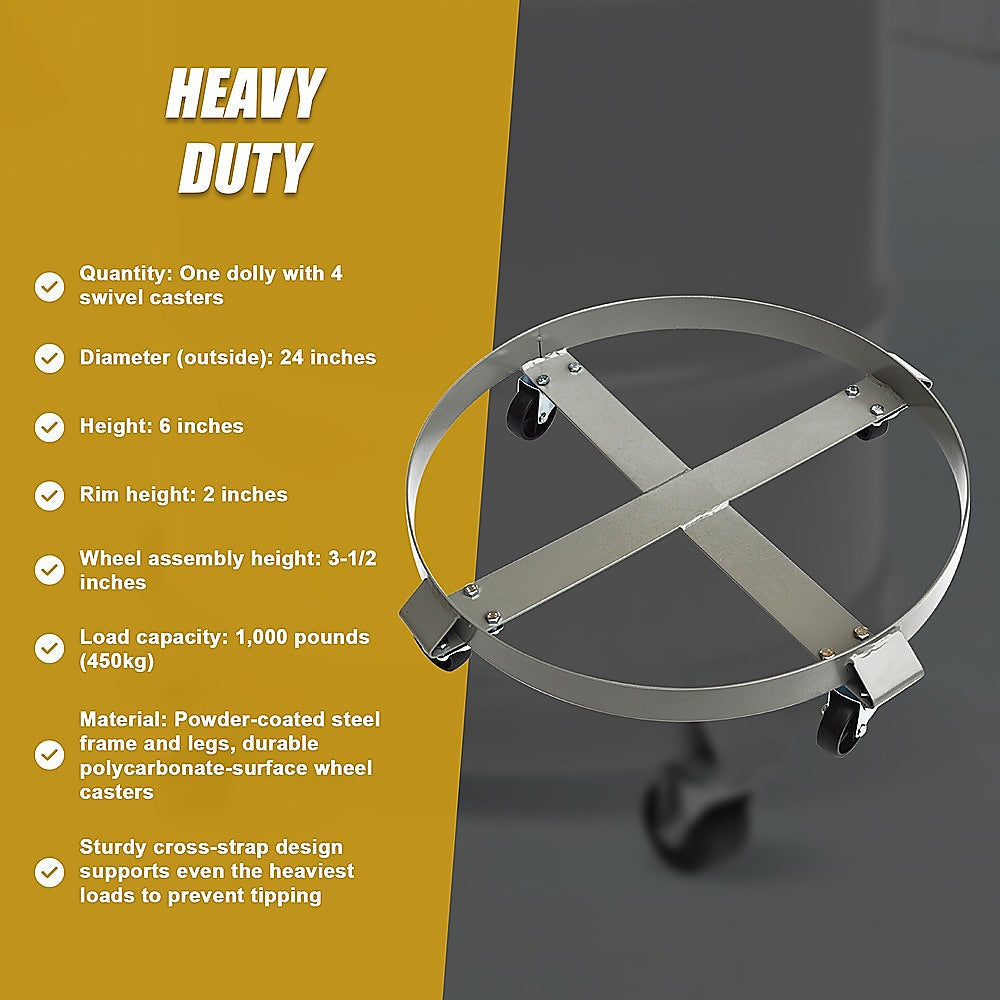 Drum Dolly 450kg 55 Gallon w Swivel Casters Heavy Duty Steel Frame Non Tipping.