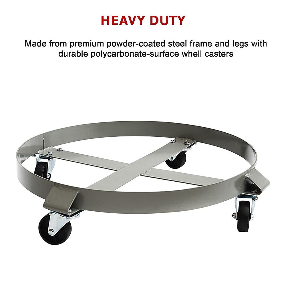 Drum Dolly 450kg 55 Gallon w Swivel Casters Heavy Duty Steel Frame Non Tipping.