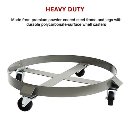 Drum Dolly 450kg 55 Gallon w Swivel Casters Heavy Duty Steel Frame Non Tipping.
