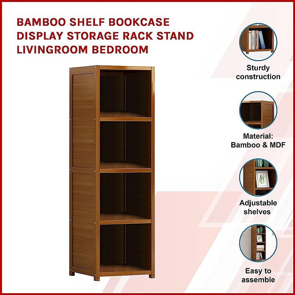 Bamboo 4-Shelf Bookcase â Adjustable Display Storage Rack Stand for Living Room, Bedroom, Office or Home Organisation.