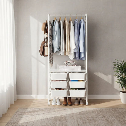 Metal Open Wardrobe Modern Storage Cabinet Tall Clothes Drawers Hanger Coat Rack