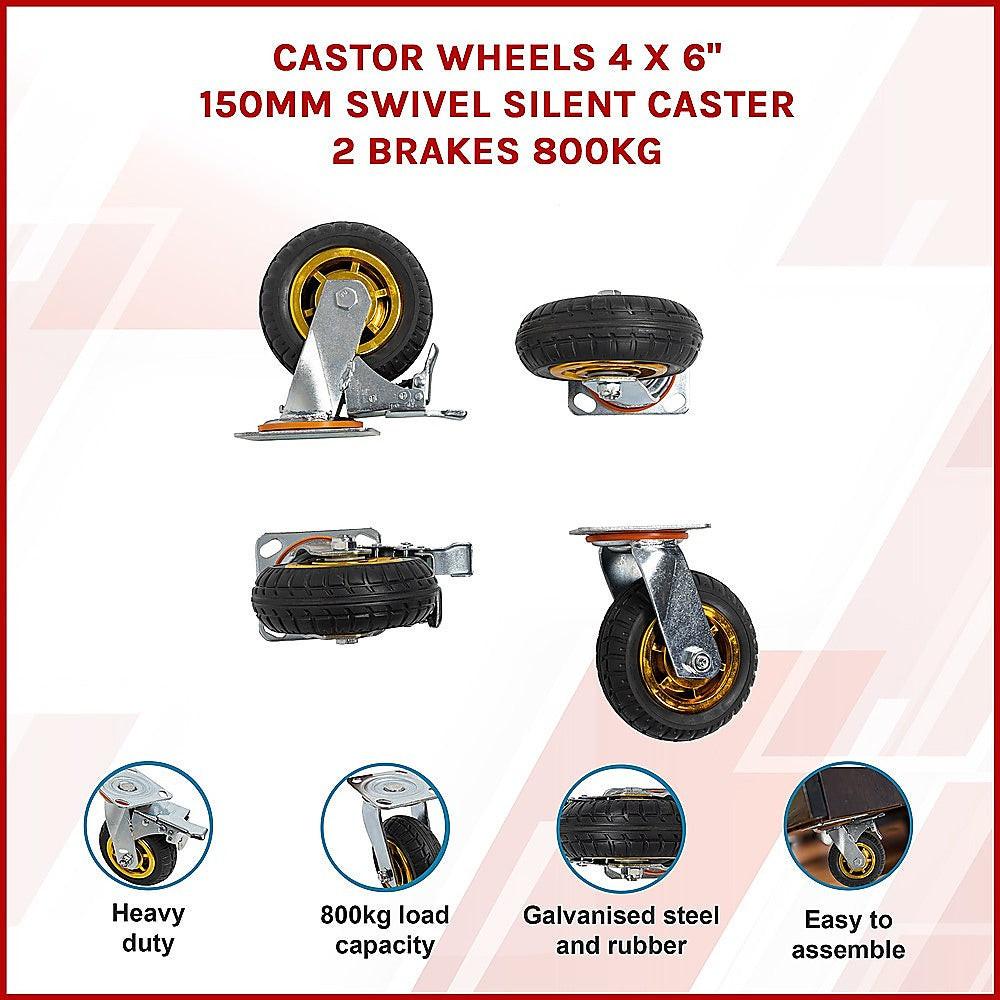 Castor Wheels 4 x 6" 150mm Swivel Silent Caster 2 Brakes 800KG.