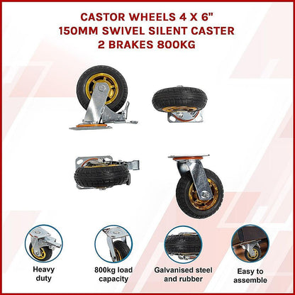 Castor Wheels 4 x 6" 150mm Swivel Silent Caster 2 Brakes 800KG.