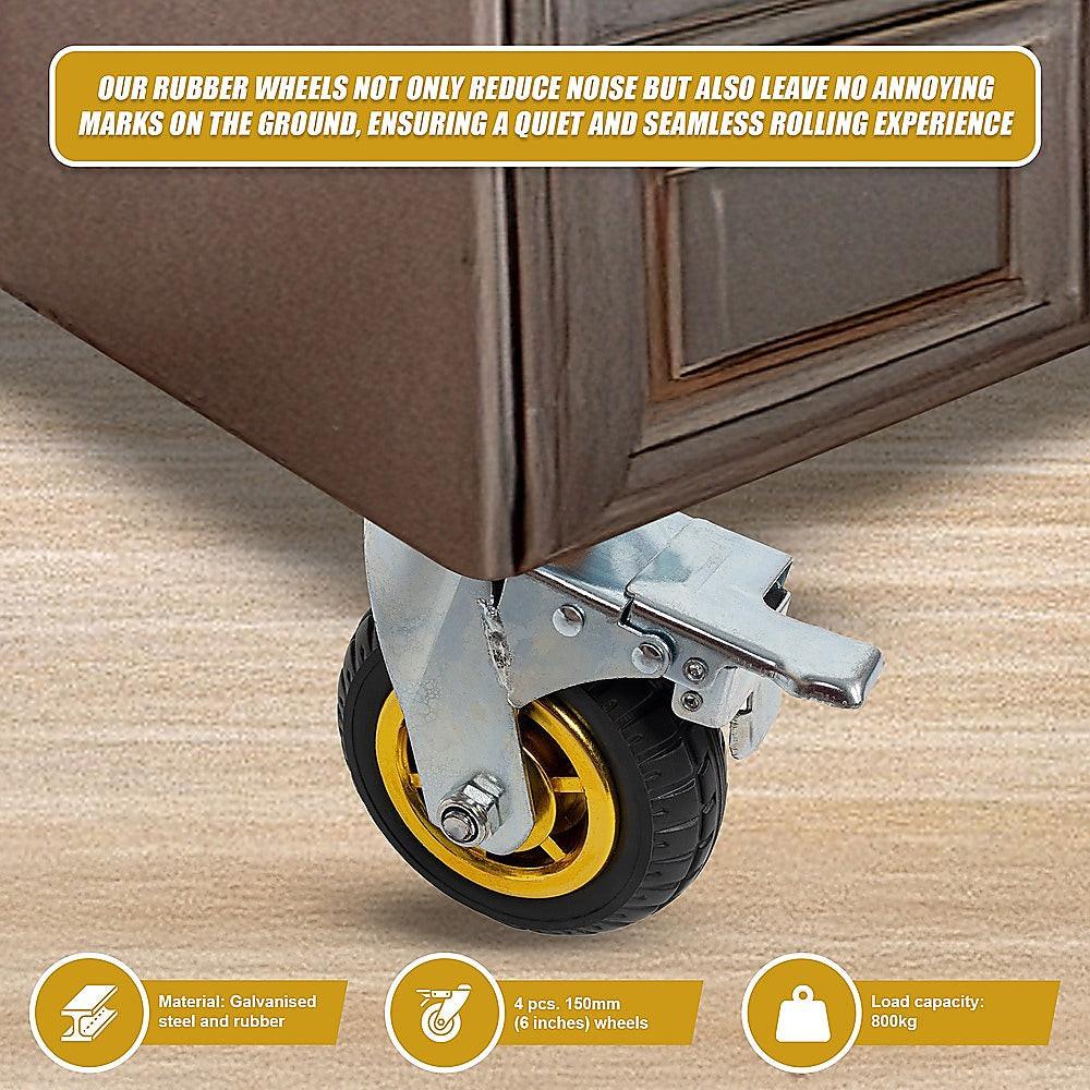 Castor Wheels 4 x 6" 150mm Swivel Silent Caster 2 Brakes 800KG.