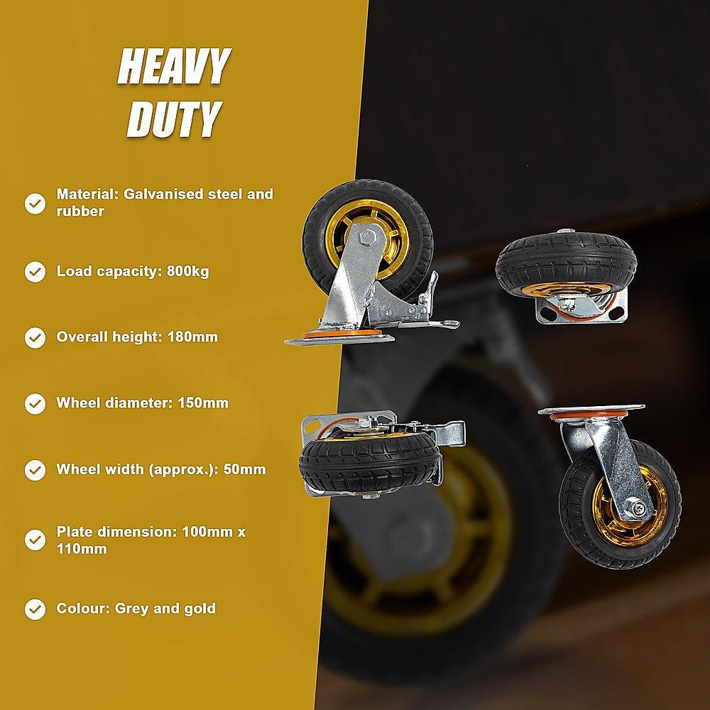 Castor Wheels 4 x 6" 150mm Swivel Silent Caster 2 Brakes 800KG.
