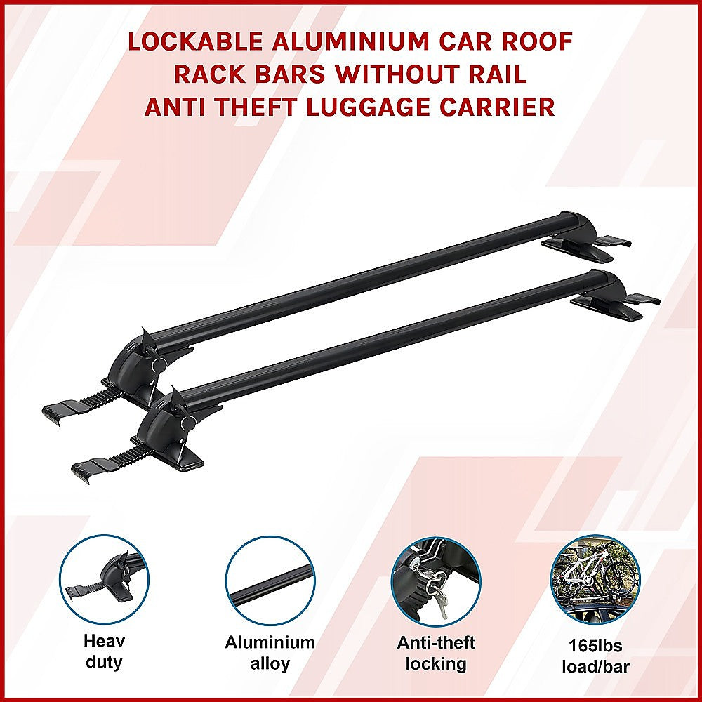 Lockable Aluminium Car Roof Rack Bars Without Rail Anti Theft Luggage Carrier.