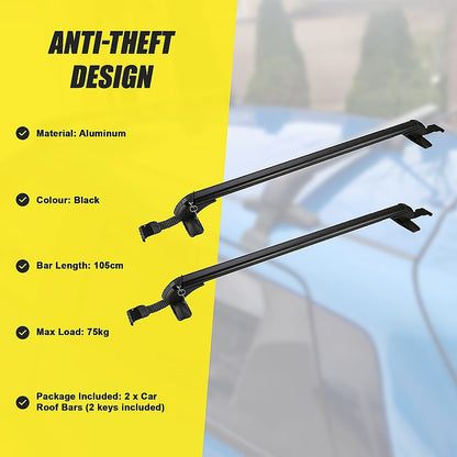 Lockable Aluminium Car Roof Rack Bars Without Rail Anti Theft Luggage Carrier.
