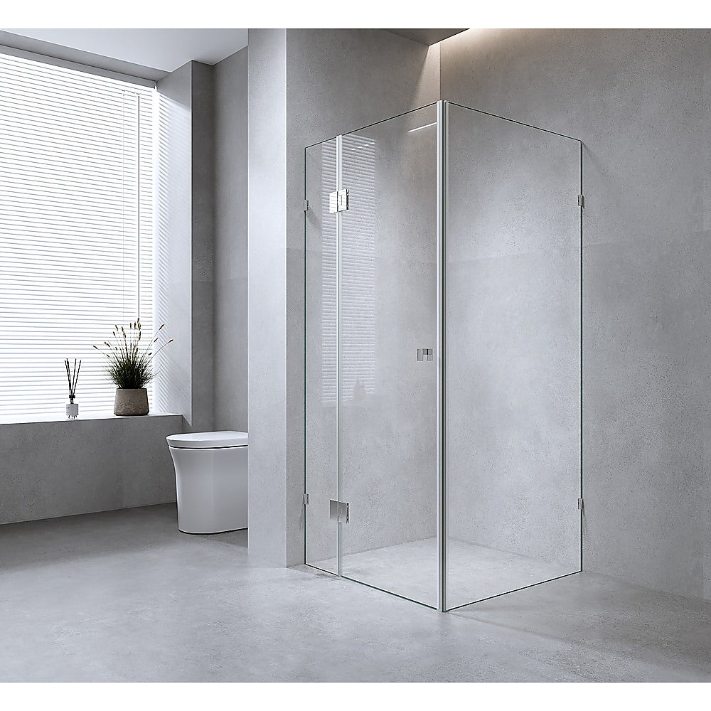 120x110cm Corner Frameless Shower Screen with Nickel U-Brackets and Floor U-Bracket and Brass Hinges, Square Knob Handle