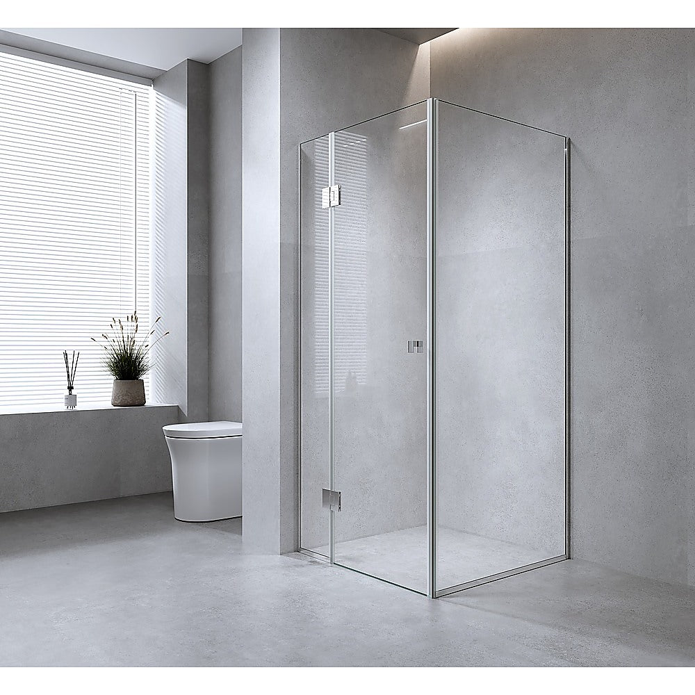 120x120cm Black Corner Frameless Shower Screen with Wall Channel and Floor Channel Brackets, Stainless Steel Hinges & Square Double Pull Handle