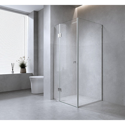 120x110cm Corner Frameless Shower Screen – Chrome Wall Channel and Floor Channel with Brass Hinges & Square Double Pull Handle