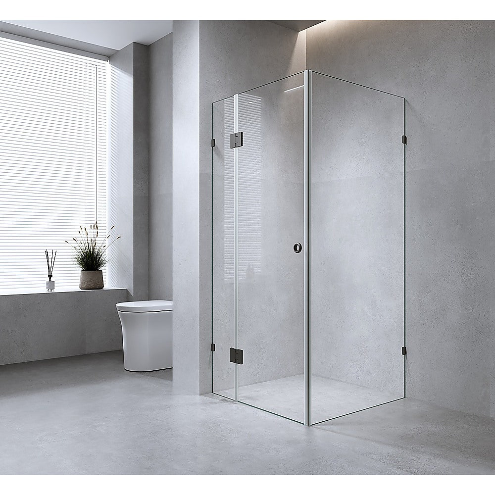 120x120cm Corner Frameless Shower Screen with Black Brackets and Brass Hinges - Wall Channel and Floor F-Bracket