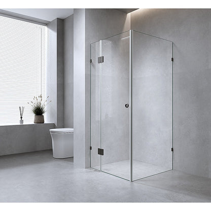 120x120cm Corner Frameless Shower Screen with Black Brackets and Brass Hinges - Wall Channel and Floor F-Bracket