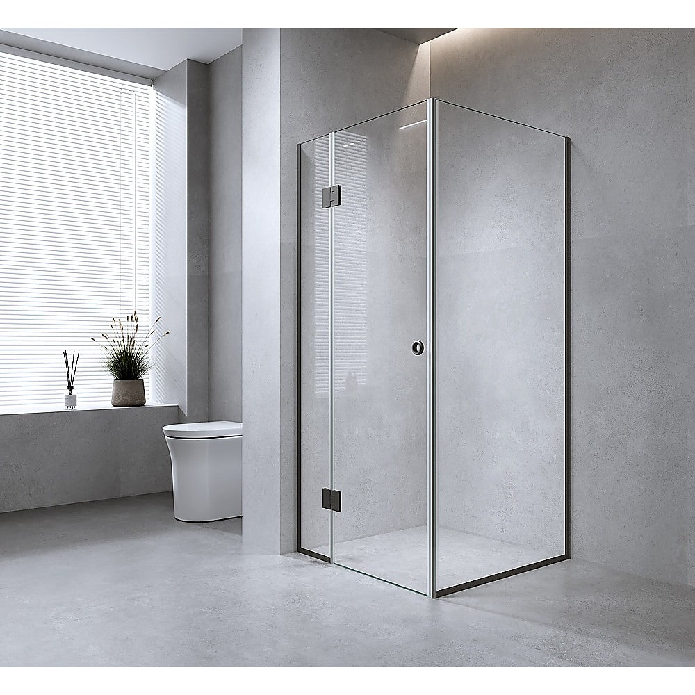 120x120cm Corner Frameless Shower Screen – Black Wall Channel and Floor Channel with Brass Hinges for Elegant Bathrooms