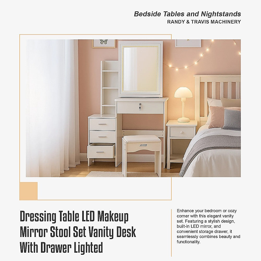 Dressing Table LED Makeup Mirror Stool Set Vanity Desk With Drawer Lighted