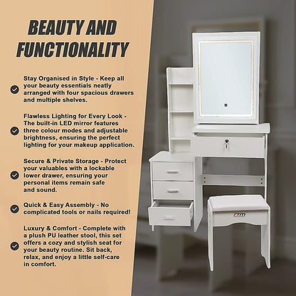 Dressing Table LED Makeup Mirror Stool Set Vanity Desk With Drawer Lighted