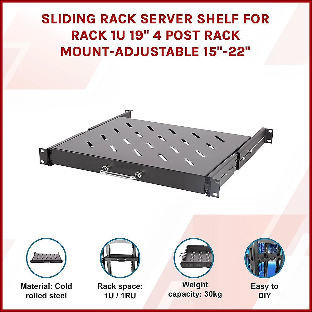 Sliding Rack Server Shelf 1U 19" 4 Post Mount – Adjustable 15" to 22" Rack Tray