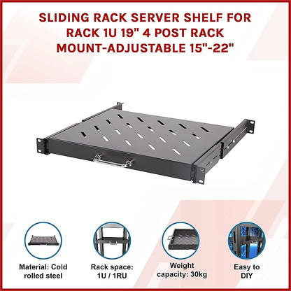 Sliding Rack Server Shelf 1U 19" 4 Post Mount – Adjustable 15" to 22" Rack Tray