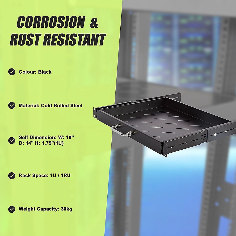 Sliding Rack Server Shelf 1U 19" 4 Post Mount – Adjustable 15" to 22" Rack Tray