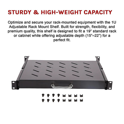 Sliding Rack Server Shelf 1U 19" 4 Post Mount – Adjustable 15" to 22" Rack Tray