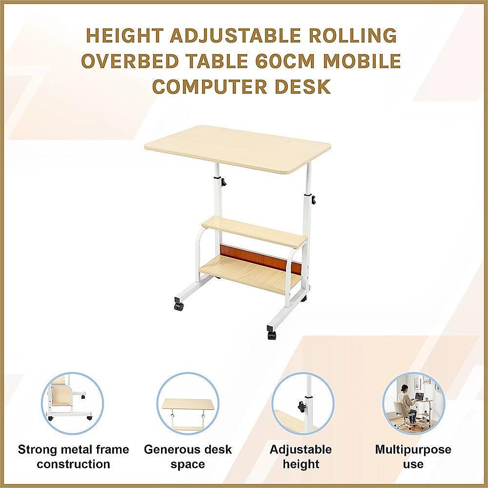 Height Adjustable Rolling Overbed Table 60cm Mobile Computer Desk.