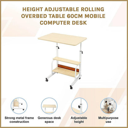 Height Adjustable Rolling Overbed Table 60cm Mobile Computer Desk.